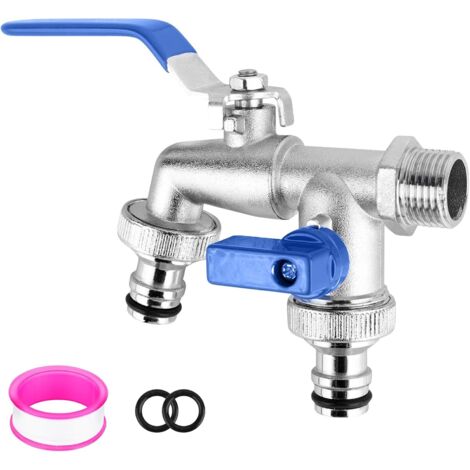1 robinet double laiton 1/2 et 3/4 pouces avec raccords tuyau arrosage jardin lavage voiture