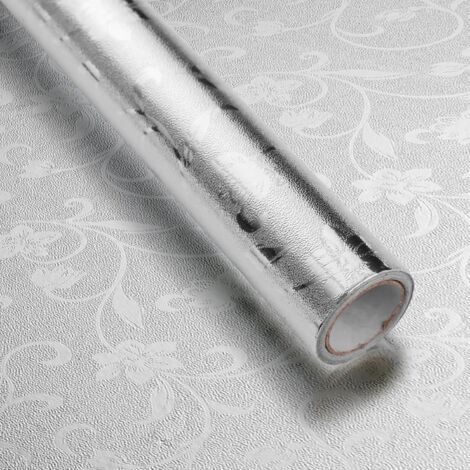 1 Rolle (0,3 x 10 m) silberne Küchentapete, selbstklebende Aluminiumfolienrolle mit kleiner Blumenstruktur, wasser- und ölbeständig