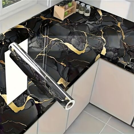 1 rouleau de papier adhésif noir et or 60cm10m, autocollant pour cuisine anti-graisse et anti-humidité, papier peint auto-adhésif en marbre