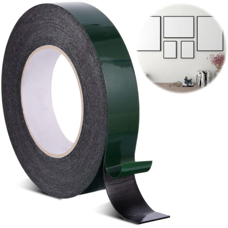 1 rouleau de ruban adhésif double face en mousse noire et film PE vert, éponge, adhésif puissant, 25 mm x 10 m, épaisseur 1 mm. Idéal pour coller et fixer plaques signalétiques, portes, fenêtres, méta