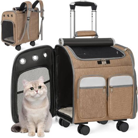 1 Sac à Dos 2 en 1 pour Chien et Chat, Poussette avec Roues Amovibles, Maille Respirante, Trolley Réglable, Transport Voyage