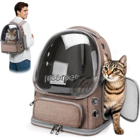 1 - Sac à Dos Chat - Transporteur Pliable - Fenêtre à Bulles Respirante - Pour Chats et Petits Chiens Jusqu'à 7,5 KG - Voyage et Camping - Marron Kaki - 34x27x42cm