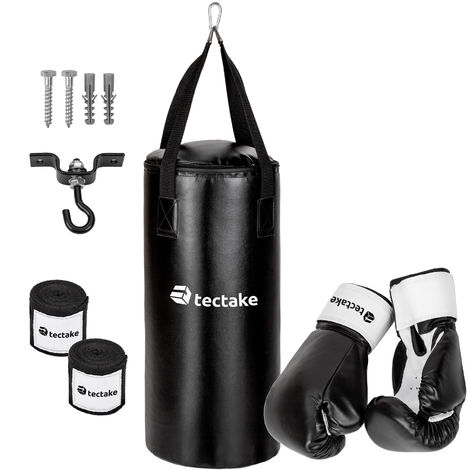 1 Sac de Frappe, 2 Gants de Boxe, 2 Bandages de Protection - accessoires de box, accessoires sport de combat, kit de boxe - noir