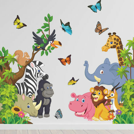 1 set Cartoon Animal Sticker Jungle Animaux Stickers Muraux Éléphant Lion Zèbre Papillon Décoration Murale pour Enfants Bébé DIY Art Mural pour Chambre de Bébé Salle de Jeux