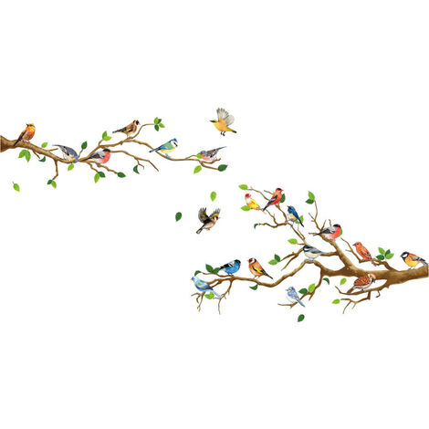 1 set Colibri sur l'autocollant mural de branche d'arbre, feuille verte et oiseau volant DIY Art Sticker mural, décoration murale auto-adhésive