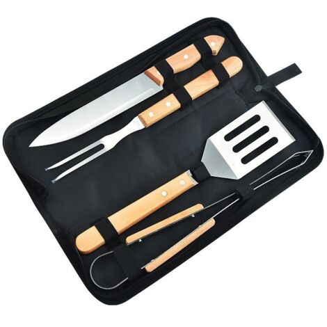 1 set coltello e forchetta per barbecue, kit di accessori per barbecue, forchetta per barbecue, pinze per barbecue, raschietto per barbecue in acciaio inossidabile con manico in legno