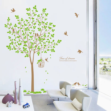 Grand arbre vert Stickers muraux muraux feuilles volantes Vogels sticker  mural chambre