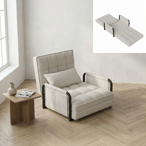 1-Sitzer Schlafsessel, umwandelbarer Sessel als Gästebett 82x73x55 cm, verstellbare Rückenlehne in 5 Positionen mit Kissen, Bouclé-Stoff, modernes Design, Weiß