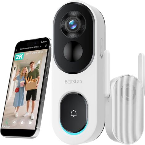 1 Sonnette vidéo sans Fil, 2K 3MP, IP66 étanche, Grand Angle 180°, Vision Nocturne Couleur, Audio Bidirectionnel, Wi-Fi 2,4G