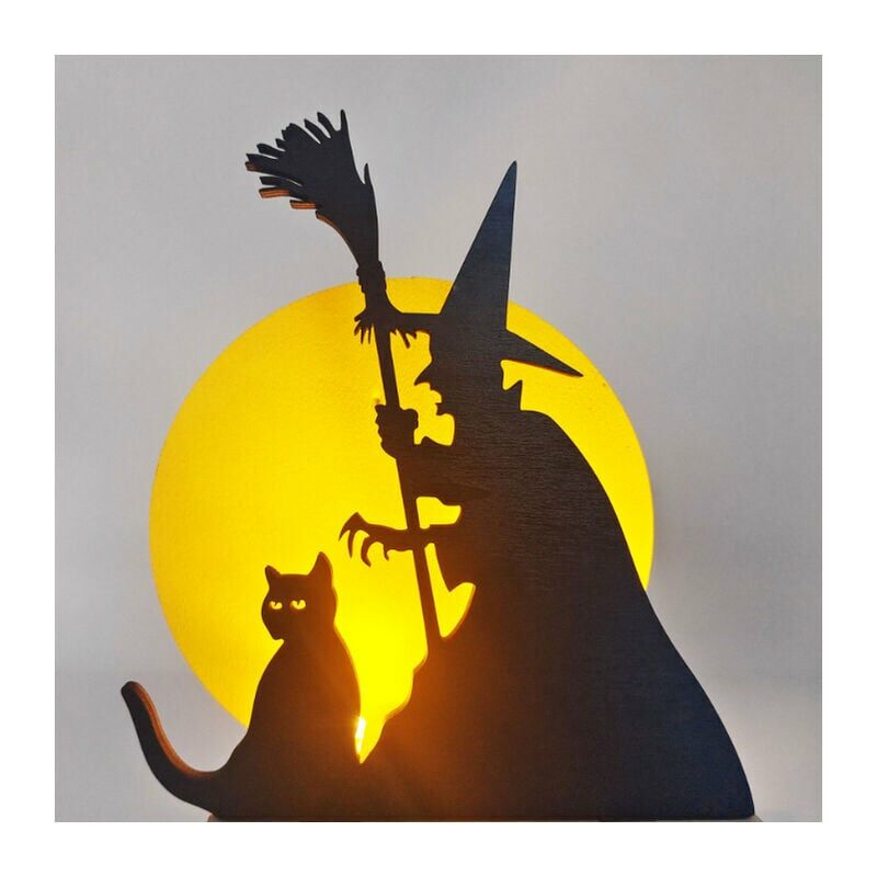 1 Stück Halloween-Dekorationen Hexe schwarze Katze Nachtlichter Festival Requisiten Halloween-Dekorationen aus Holz | 07634066121787