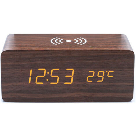 1 Stk. brauner Holzwecker mit Qi Wireless-Ladegerät, kompatibel mit iPhone Samsung, digitale LED-Holzuhr mit Tonsteuerungsfunktion, Anzeige von Uhrzeit, Datum und Temperatur