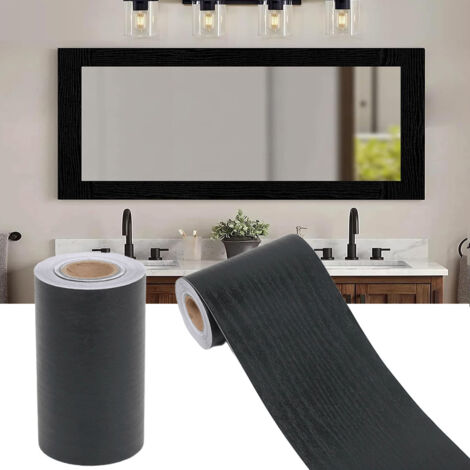 1 Striscia di carta da parati decorativa con motivo effetto legno – Profilo impermeabile per cornici di specchi – Adesivo per cornici di specchi da cucina e bagno (10 cm × 10 m, Nero)