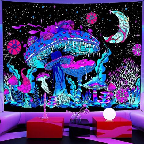 1 Stück FGD06 Pilz-Wandteppich, Schwarzlicht-Wandteppich 150 × 130 cm, Wa