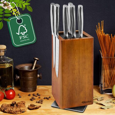 TONFFI 1 Stück Fimaten Magnetischer Messerblock ohne Messer, 360° drehbar Magnet Messerhalter aus Akazienholz, Hochwertiger Messerblöcke Küchenmesser Organizer mit Borsteneinsatz, Knife holder für Messer, 25