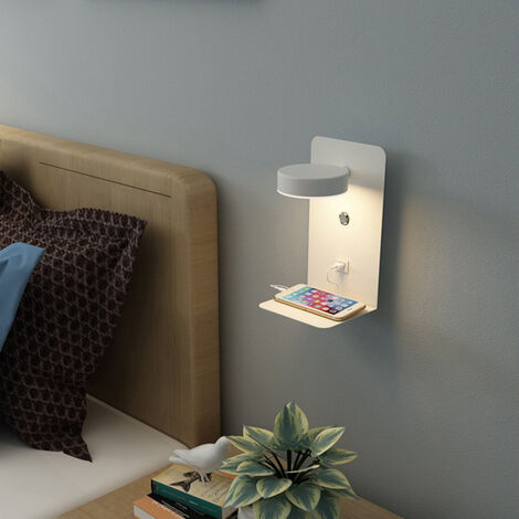 1 Stück LED-Innenwandleuchte mit Schalter und USB-Schnittstelle, 12 W, dreifarbig, dimmbar, Nachttisch-Wandleuchte, mit Tablett-Leselicht, Nachttischlicht, Weiß-14 24 12 cm