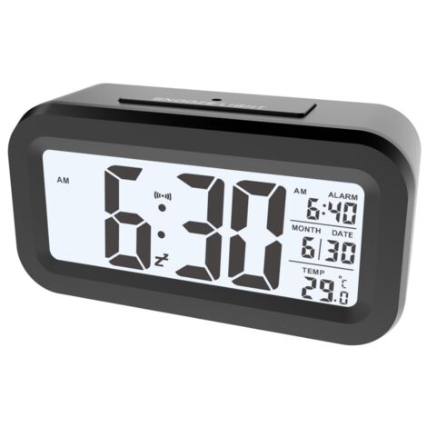 1 Stück schwarzer digitaler Wecker, Morgenwecker, digitale Uhr, batteriebetrieben, leiser Wecker für Kinder und Erwachsene, großes LED-Display, Temperaturkalender
