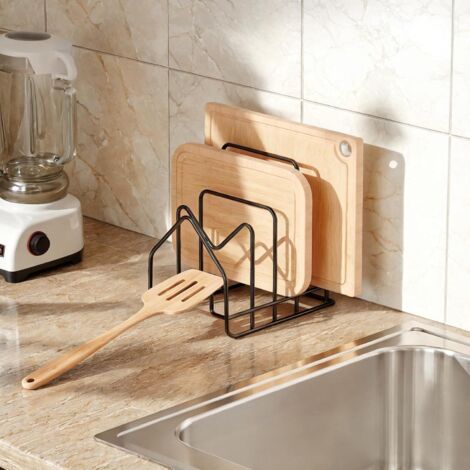 1 Support Cuisine 4 Compartiments, Acier Carbone, Organiseur Couvercles 16-34 Cm, Planche Découper, Gain Place