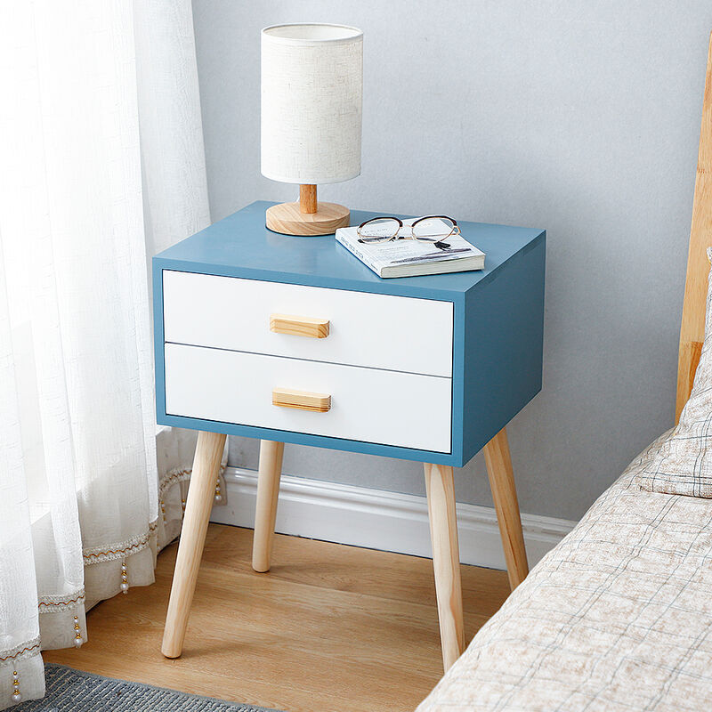dazhom - 1 table de chevet minimaliste nordique a deux tiroirs cadre bleu tiroir blanc 45 * 35 59.5cm