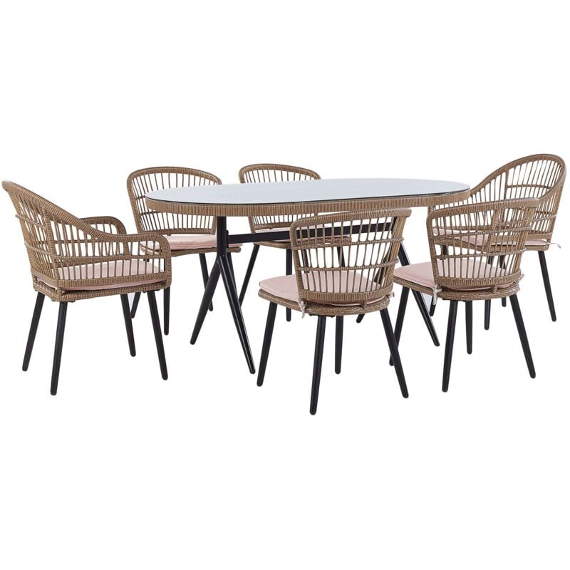 1 Table et 6 Chaises en Rotin PE Acier Polyester et Verre de Sécurité Rose Aliano II