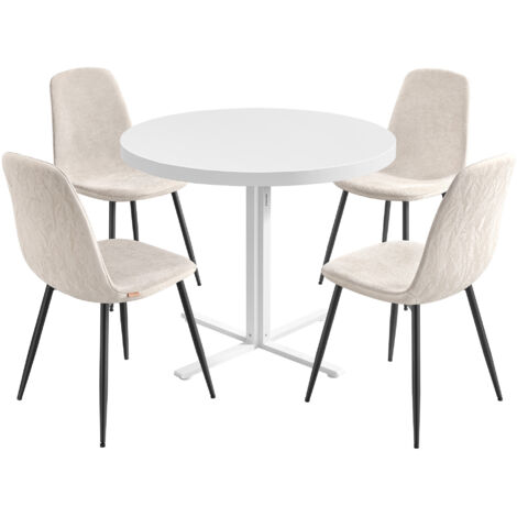 1 Table Ronde avec 4 Chaises de Salle à Manger, Ensemble de Salle à Manger, Support en Acier, Montage Facile, Blanc Neige et Blanc Crème