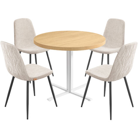 1 Table Ronde avec 4 Chaises de Salle à Manger, Ensemble de Salle à Manger, Support en Acier, Montage Facile, Doré Chêne et Blanc Crème