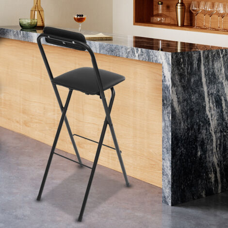 1 tabouret de bar pliant avec dossier, tabouret pliant haut, chaise pliante haute, siège de comptoir, rembourré en cuir, pour îlot de cuisine, boutique, café, salle à manger, noir (70 cm)