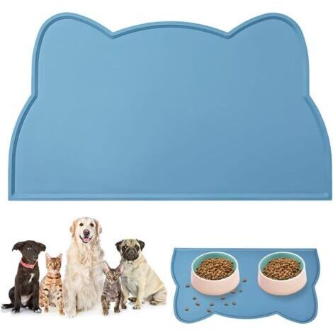 1 tapis de gamelle bleu pour chien et chat 45 x 26 cm, tapis antidérapant en forme de tête de chat mignon, tapis d'alimentation en silicone imperméable