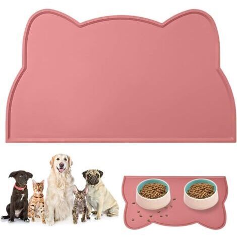 1 tapis de gamelle pour chien et chat rose 45 x 26 cm, tapis de gamelle antidérapant en forme de tête de chat mignon, tapis d'alimentation en silicone imperméable