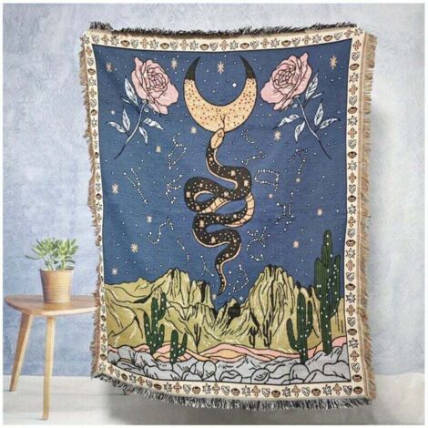 1 tapisserie jacquard bohème à motif rose, lune et serpent – Douce et lavable, grand teint, idéale pour la décoration intérieure, le canapé, le lit et le camping Motif serpent et rose Tissu facile d