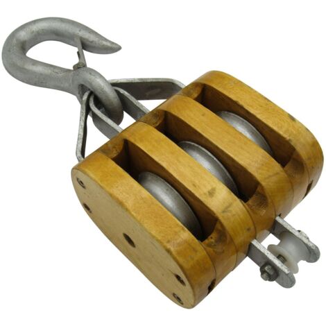 1 Ton 5" Treble Wood Block With Hook - 16MM Wire Rope Wooden