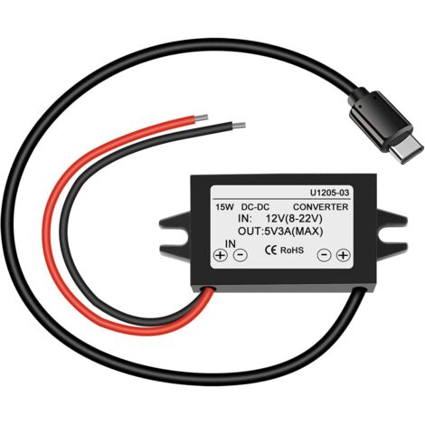 1 unidad convertidor reductor USB-C a DC 12V a 5V 3A, módulo Buck impermeable tipo C 25W, adaptador de alimentación compatible con Raspberry Pi 4 y teléfonos móviles.