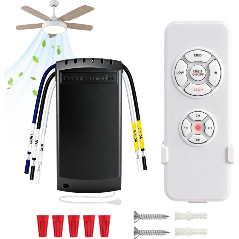 Aamunpa Schwarz 1 Unidad Kit De Mando A Distancia Universal Para Ventilador De Techo Con Función Silenciosa, Control Remoto Inalámbrico Con 3 Velocidades, Control De Luz Y 4 Temporizadores.