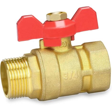 1 Vanne à sphère 3/4", Laiton, Filetage extérieur, Poignée papillon rouge, Pour plomberie