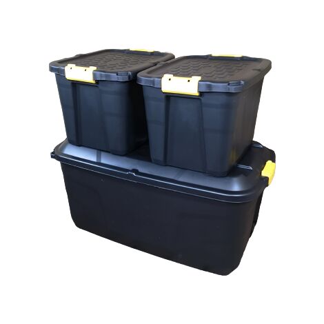 1 x 145L AND 2 x 60L Heavy Duty Trunks 1 on Wheels Sturdy, Lockable, Stackable and Nestable Design Storage Chest with Clips in Black