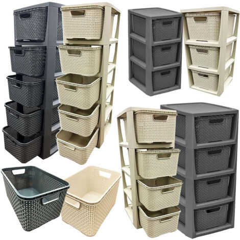 1 x 3 Cream Stylish Rattan Effect Storage Tower Commode Baskets
