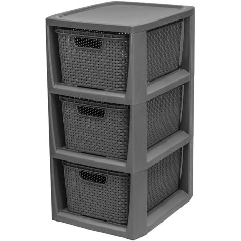 1 x 3 Grey Stylish Rattan Effect Storage Tower Commode Baskets