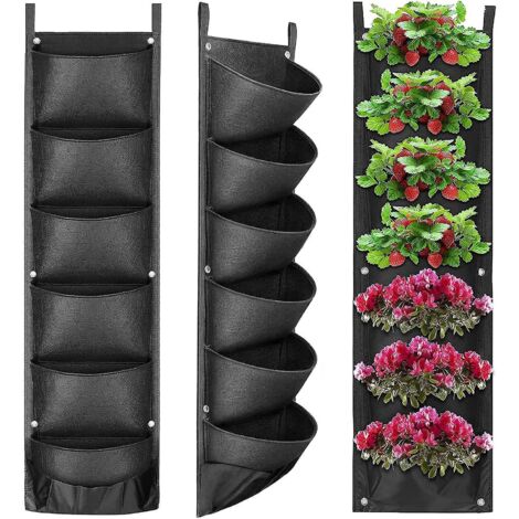 1 X 7 Sac De Plantation Vertical Montage Mural (noir), Jardinire Verticale, Matriau En Feutre, Rutilisable, Respirant, Pot De Plantation, Pour La