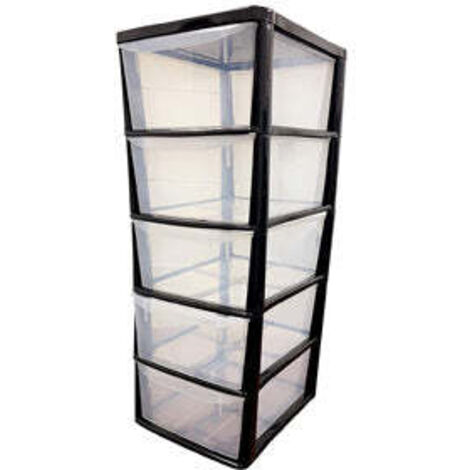 1 x Black 5 Plastic Storage Drawers Large Tall Tower Units for Home & Office