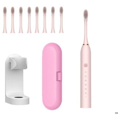 1 x brosse à dents électrique rose avec minuterie intelligente, blanchiment, nettoyage sonique puissant, 6 modes, 8 têtes de bro