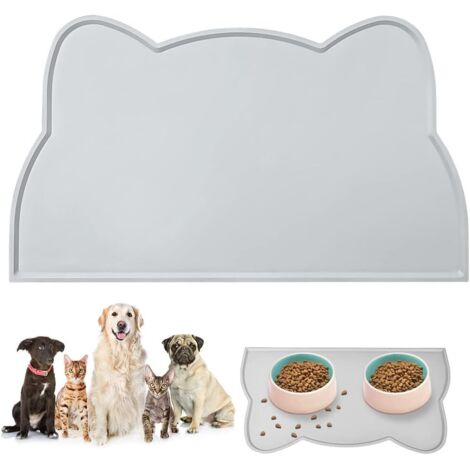 1 x graue Napfmatte für Hunde und Katzen, 45 x 26 cm, süße Katzenkopfform, rutschfeste Matte, wasserdichte Futtermatte aus Silikon