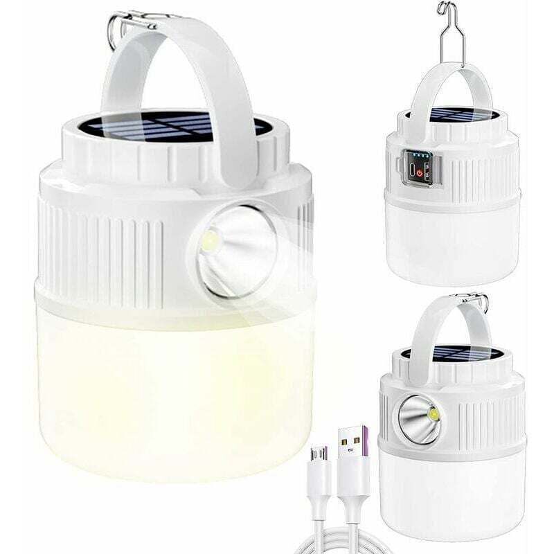 1 x Lampe de camping à led alimentée par énergie solaire, rechargeable par usb, source lumineuse portable à 4 modes, étanche et à double led,