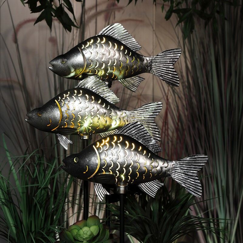 1 x Solar Carp Fish LED Metal Stake Light Silver Pond Garden 9019021 - Noma