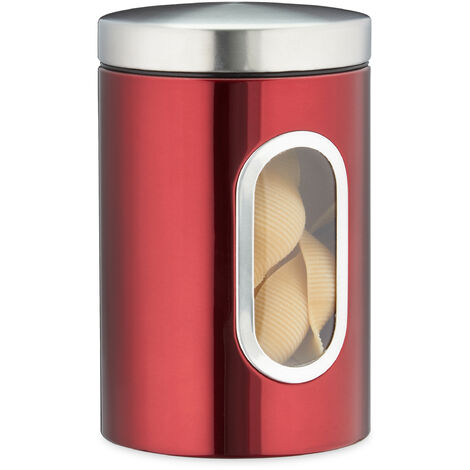 1 x Vorratsdose, 1,4 L, mit Deckel und Sichtfenster, für Kaffee, Mehl, Pasta, Aufbewahrungsdose Küche, Metall, rot
