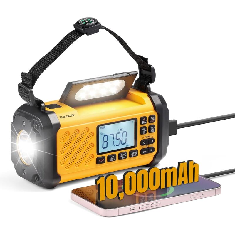 [10 000 mAh] SH-906 Radio d'urgence, Radio Solaire Portable à manivelle avec AM/FM/SW/VHF, Lampe de Lecture, SOS, Boussole, Chargeur de téléphone