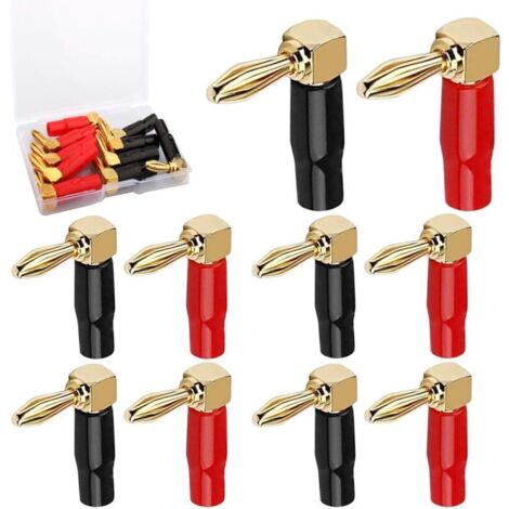 10 90° Angled Banana Plugs – 24K Gold Plated Audio Connectors, For Amplifiers, Speakers and AV Receivers