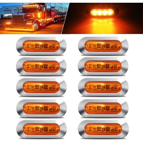 10 Amber DC12V-24V 4 LED Side Marker Lights, Taillights, Parking Lights, Interior Lights with Chrome Bezels. Universal design, suitable for cars, buses, trucks, vans, trailers, and ship deck ceremonia
