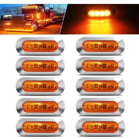 10 Amber DC12V-24V 4 LED Side Marker Lights, Taillights, Parking Lights, Interior Lights with Chrome Bezels. Universal design, suitable for cars, buses, trucks, vans, trailers, and ship deck ceremonia