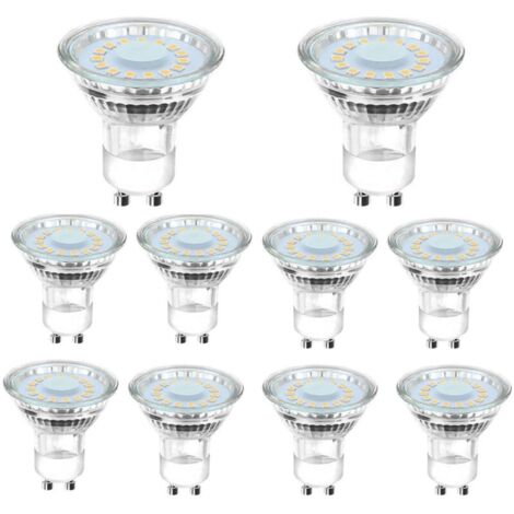 10 ampoules LED GU10 équivalentes à une ampoule halogène de 50 W, 4 W, éclairage blanc lumière du jour 6500 K, faisceau coudé à 120°.