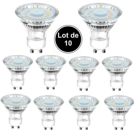 10 ampoules LED GU10 équivalentes à une ampoule halogène de 50 W, 4 W, éclairage blanc lumière du jour 6500 K, faisceau coudé à 120°.