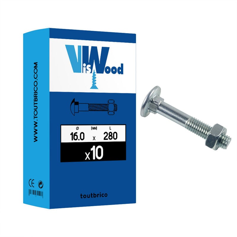 10 boulons TRCC 16 x 280mm zingué - Viswood